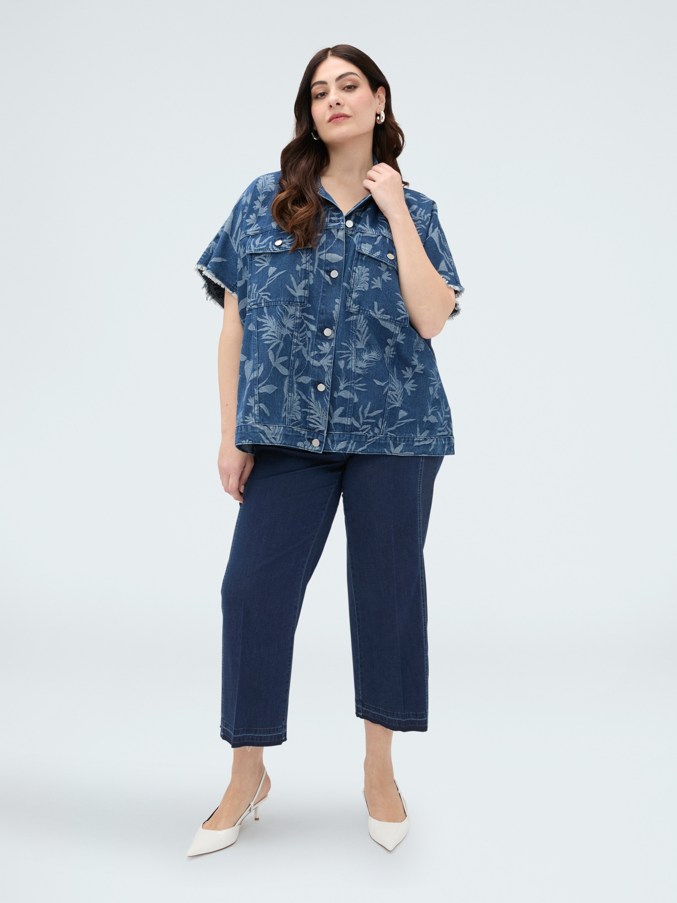 Jeanshemd mit Jacquard-Blattmuster image number 2