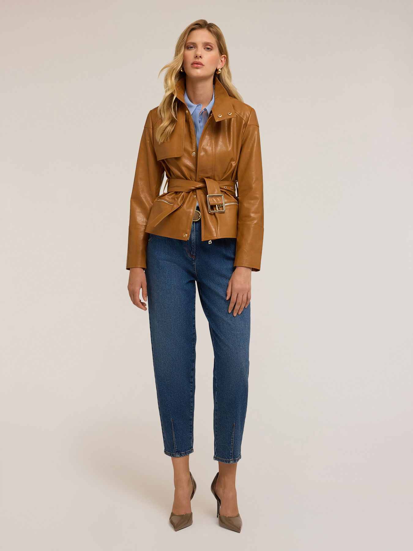 Jacket with belt in coated fabric image number 0