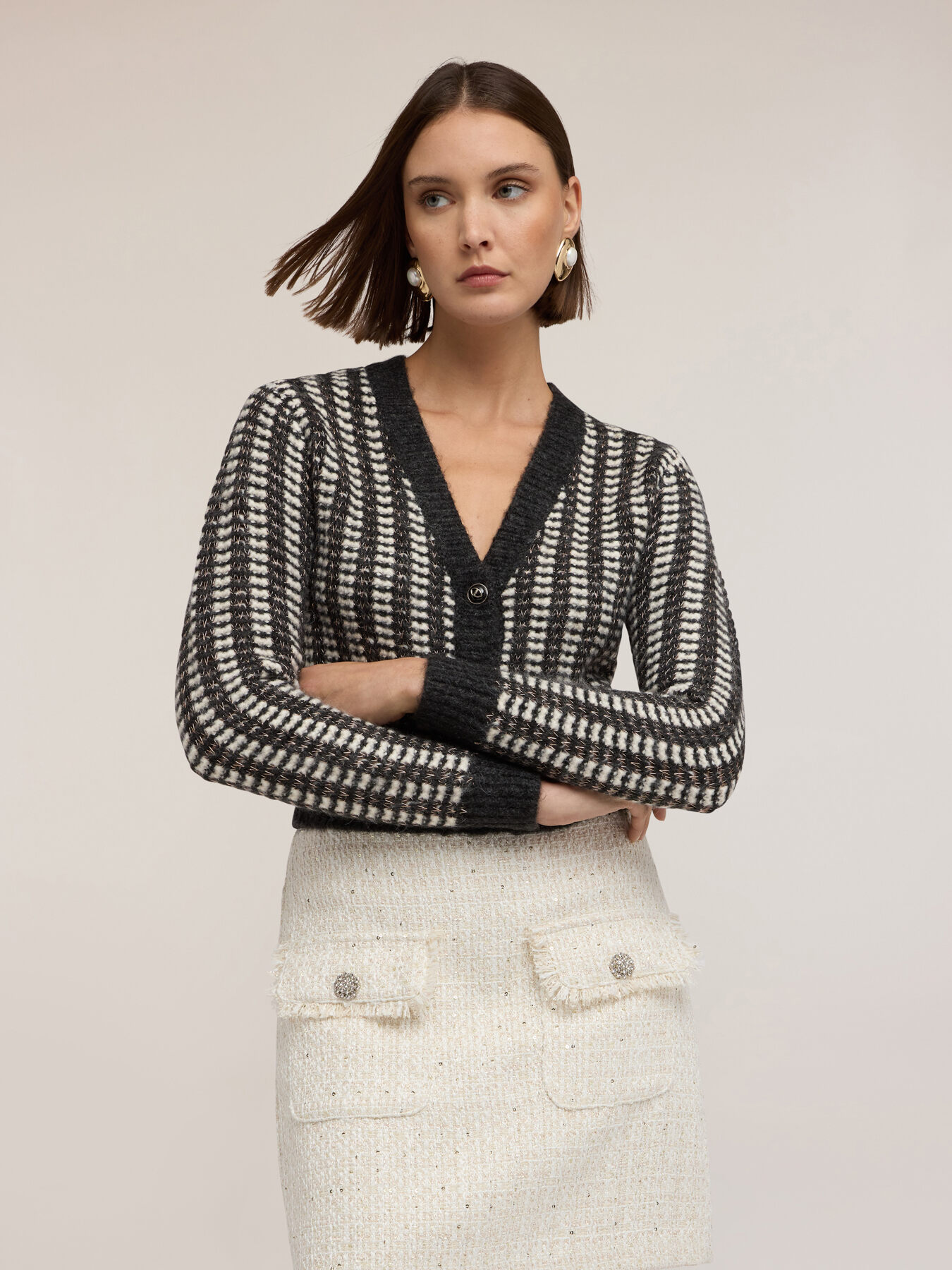 Cropped perforated mixed lurex cardigan image number 1