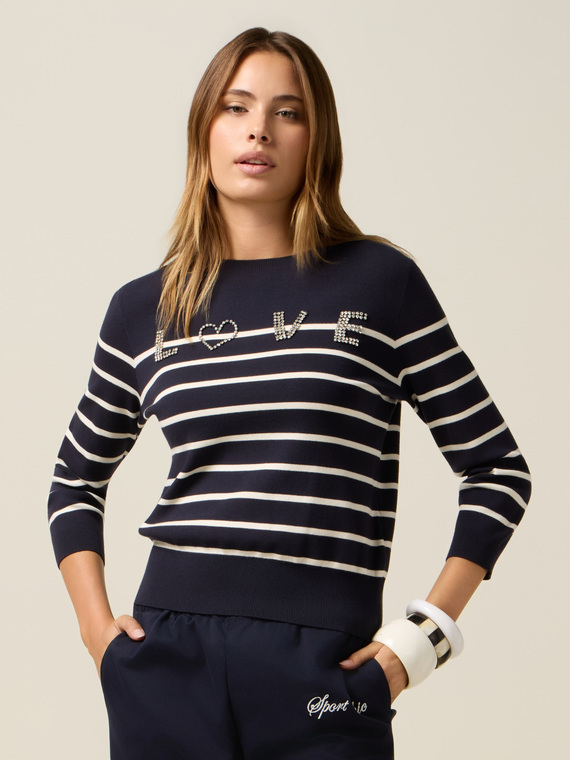 Striped sweater with jewel writing