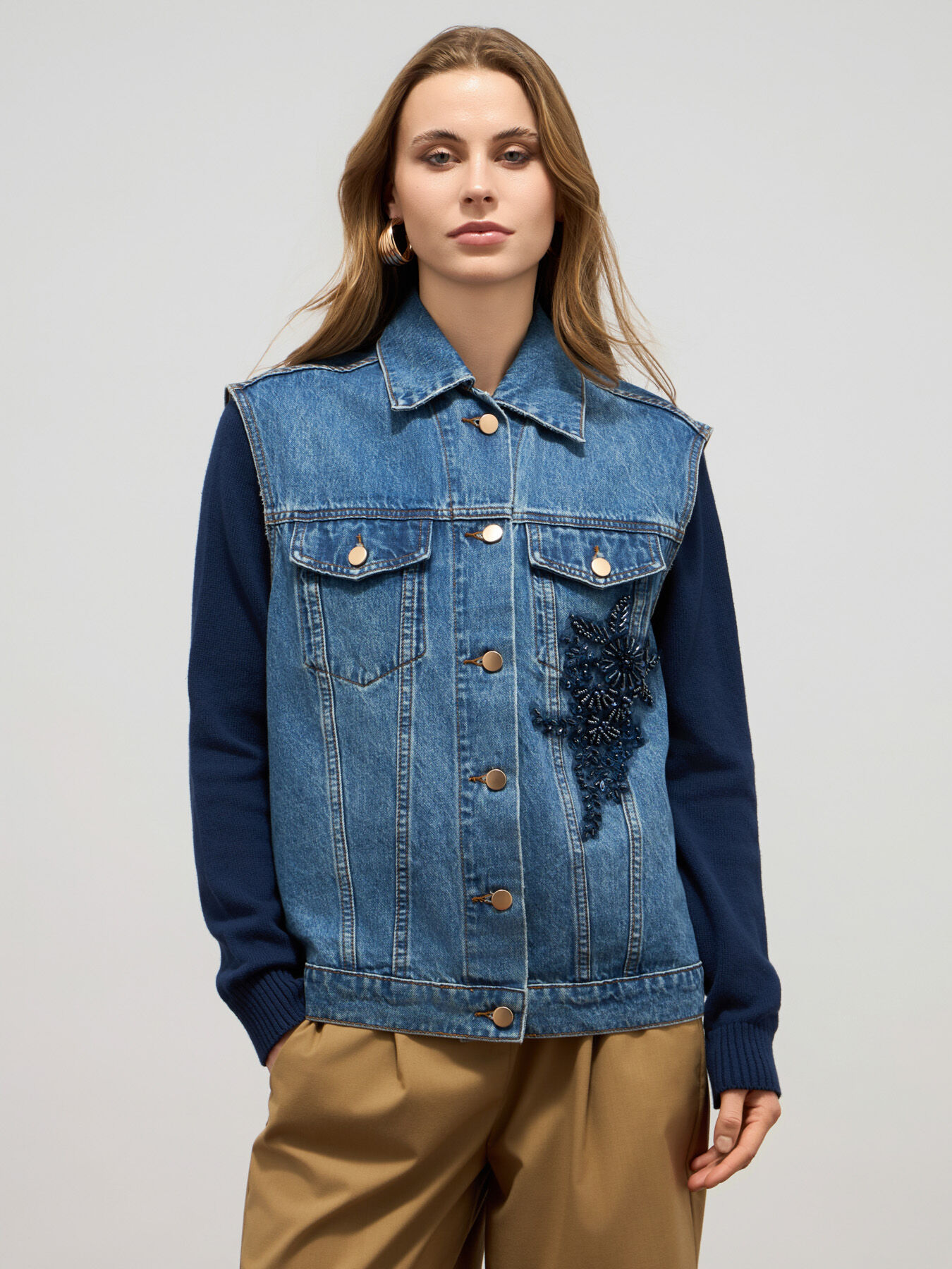 Denim vest with floral appliqué image number 0