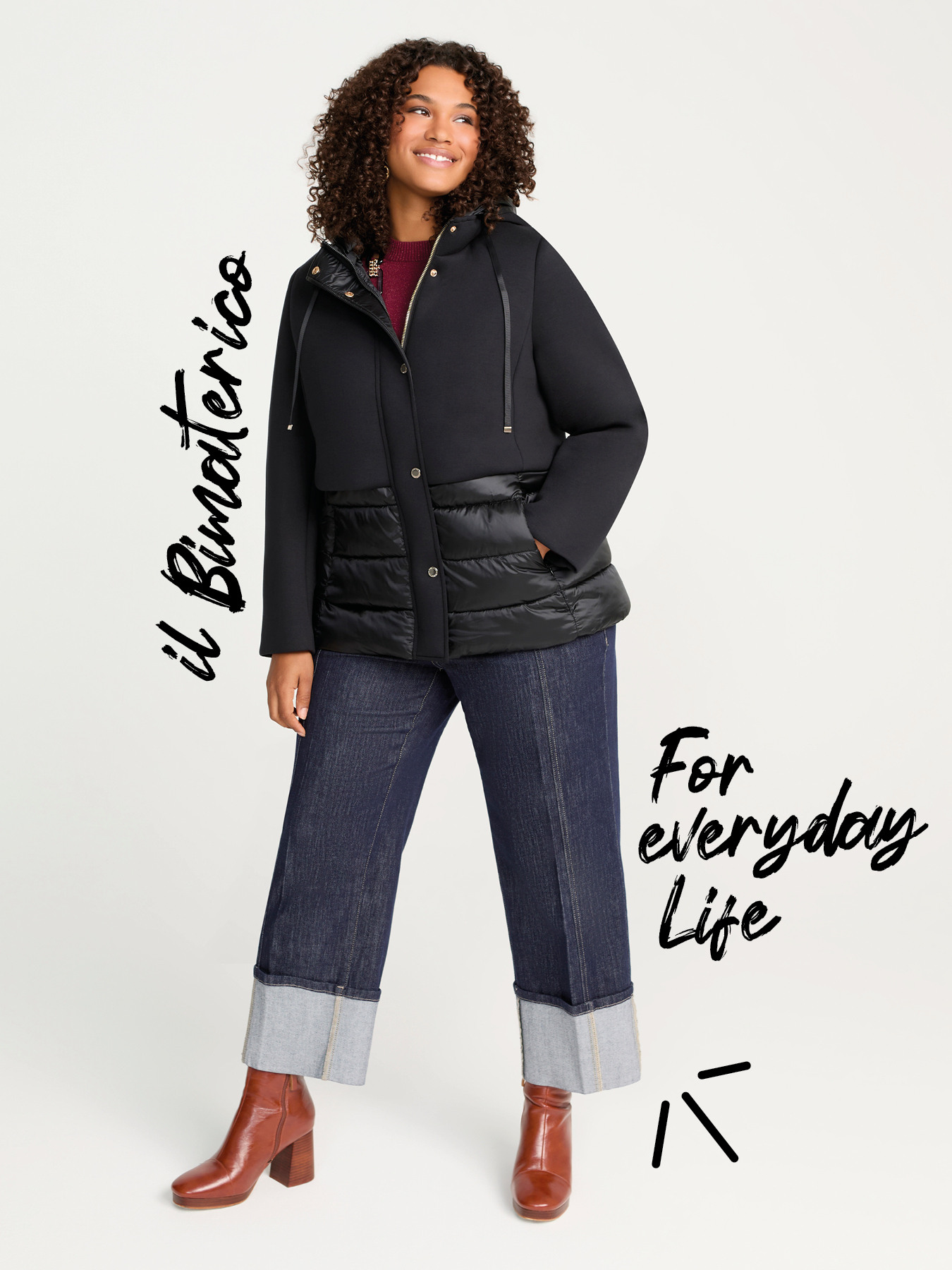 Bi-material down jacket with hood image number 0