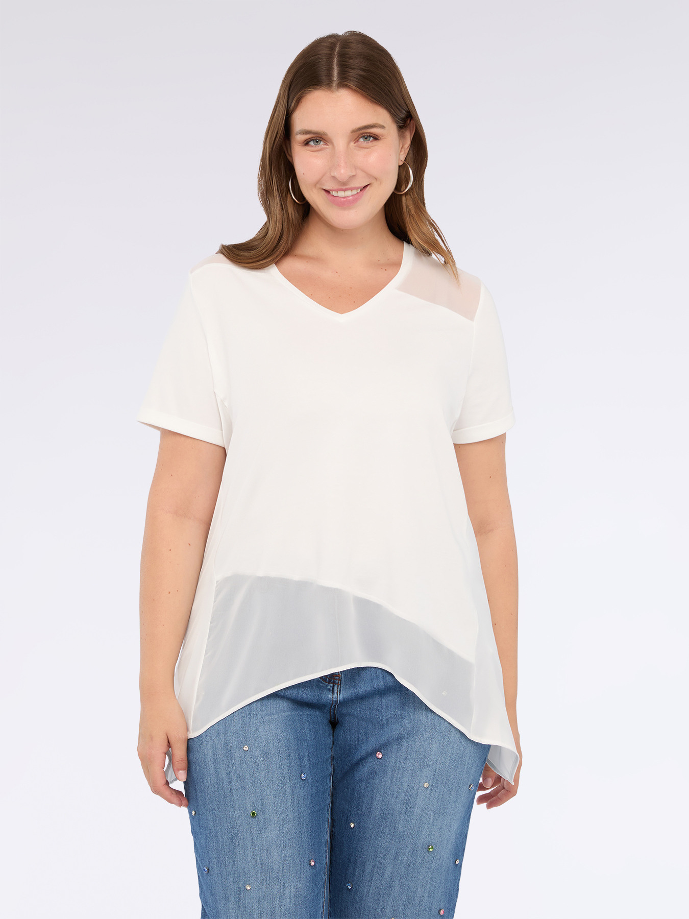 Two-material V-neck T-shirt image number 0