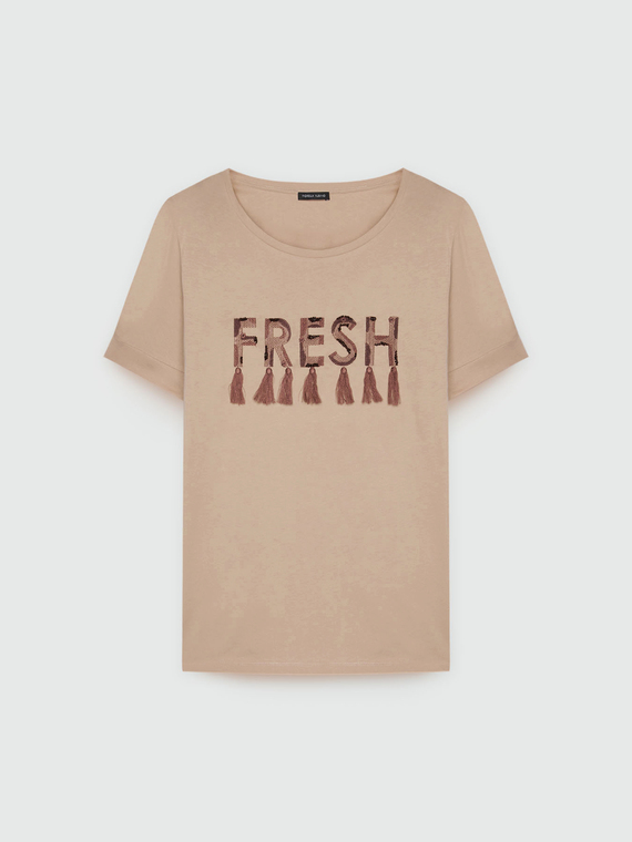 T-shirt con scritta e nappine