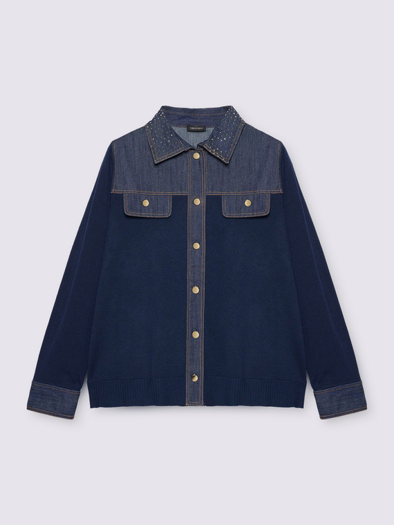 Strickjacke mit Denim-Details und Glanzpunkten