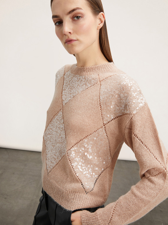 Alpaca blend sweater with diamond pattern and sequins