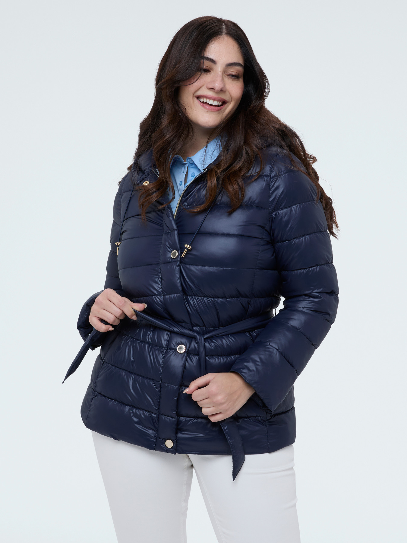Quilted puffer jacket with tie belt image number 0