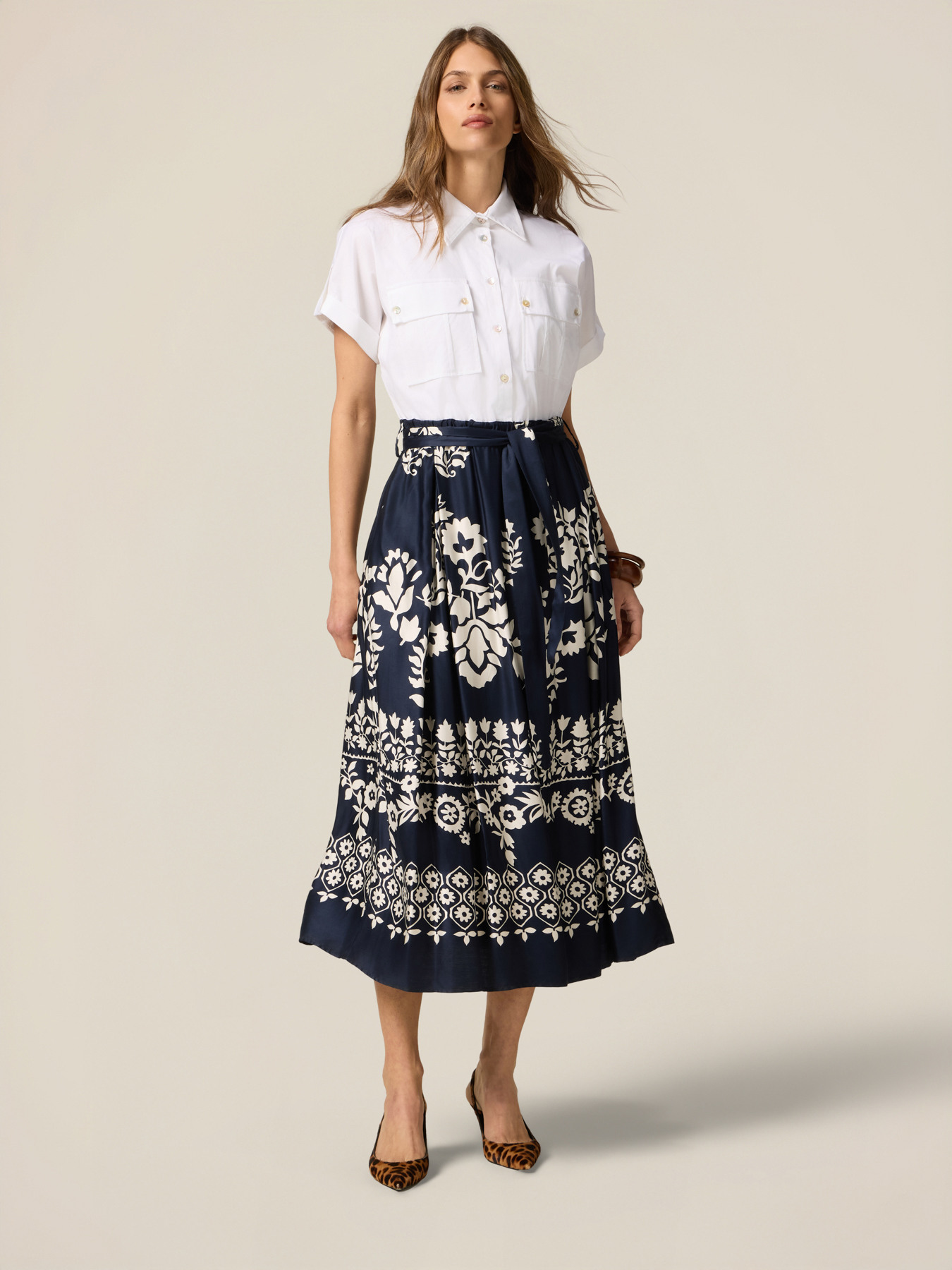 Shirtdress with patterned skirt image number 0