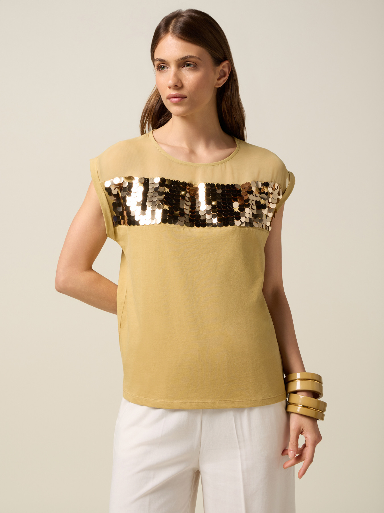 T-Shirt aus zwei Materialien mit Pailletten image number 0
