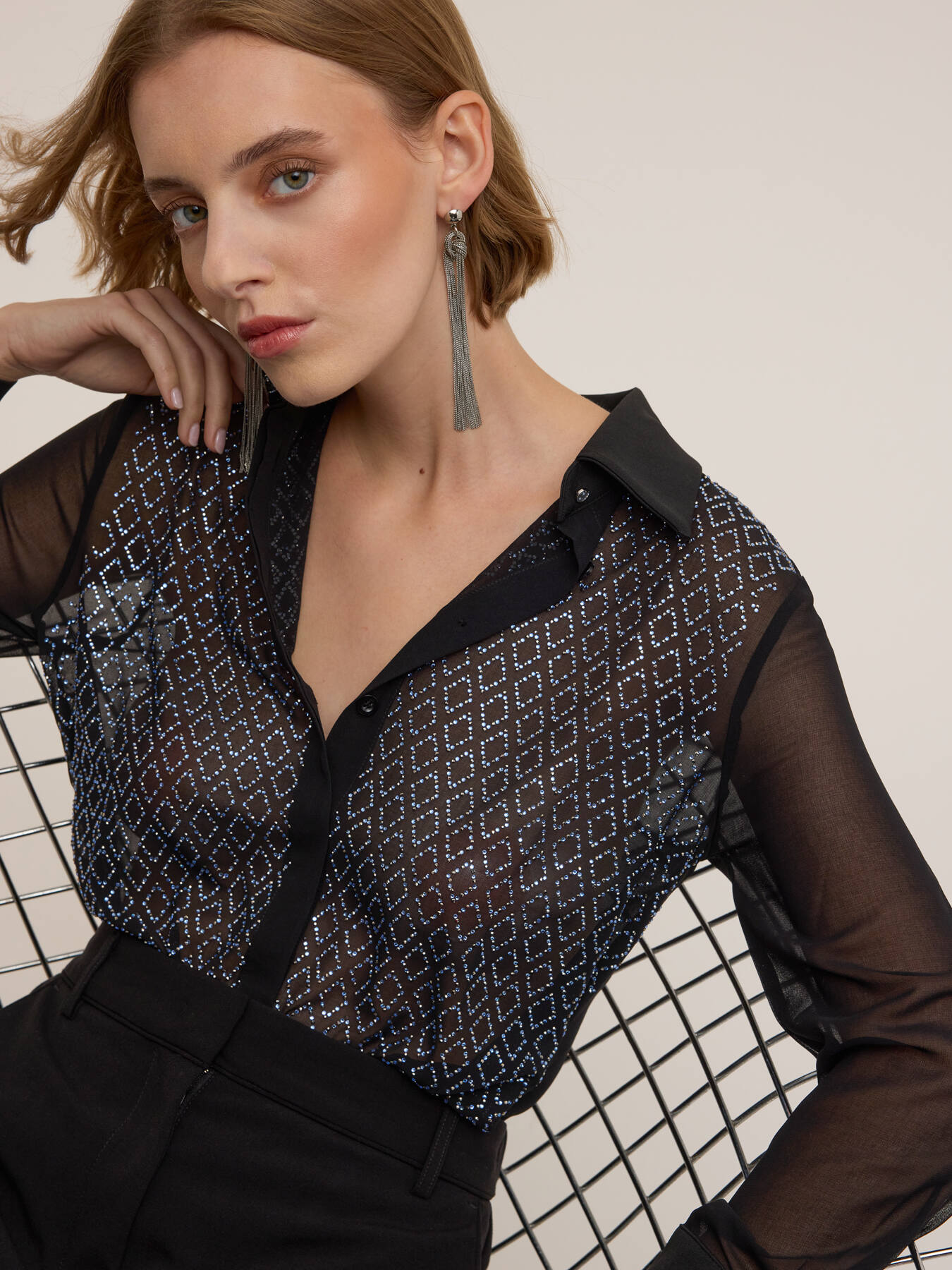 Shirt with geometric rhinestone appliqué image number 3