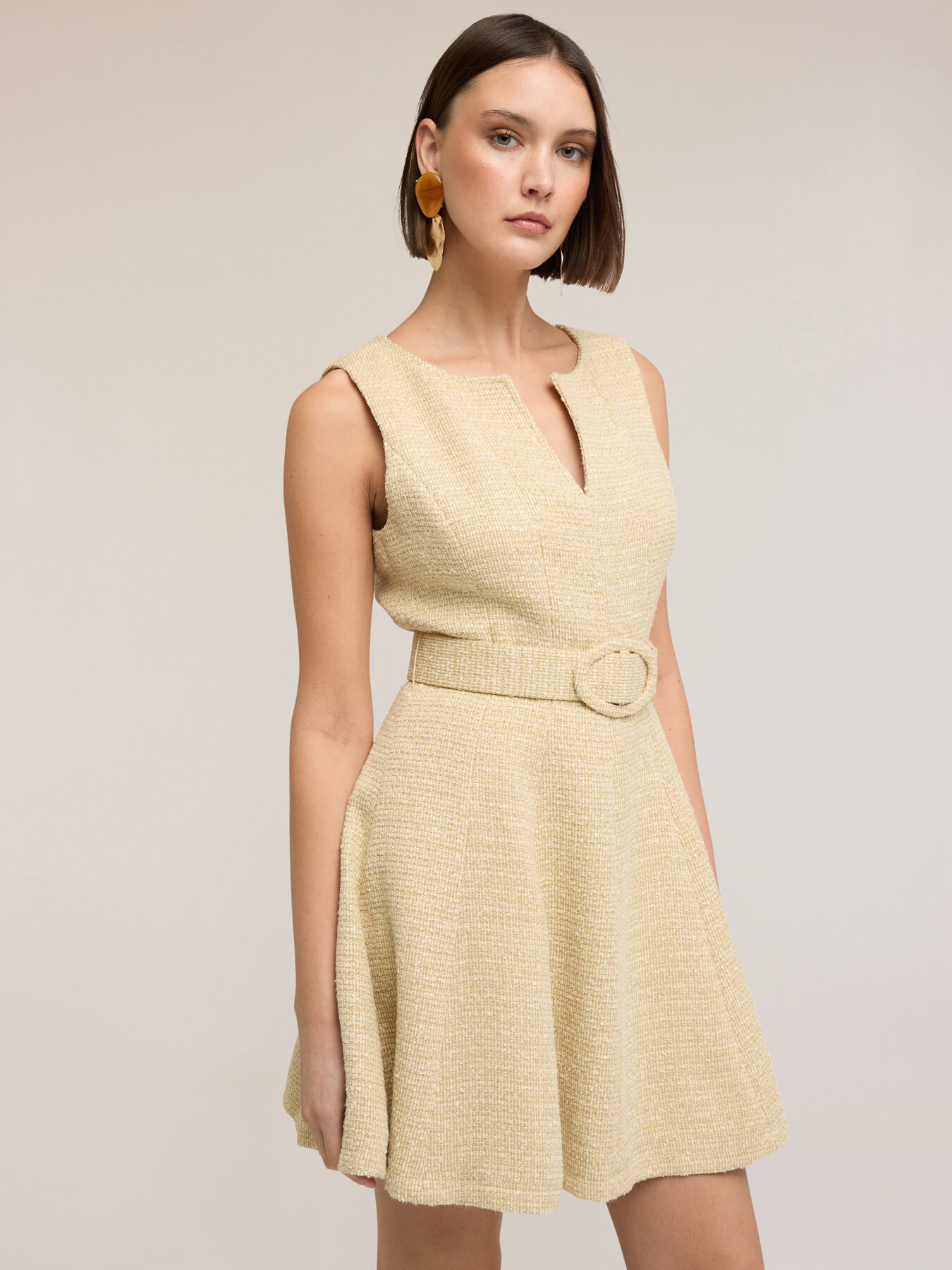 Flare dress in boucl&eacute; fabric with belt image number 2