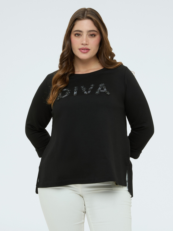 Sweatshirt with coated fabric lettering and pleated hem