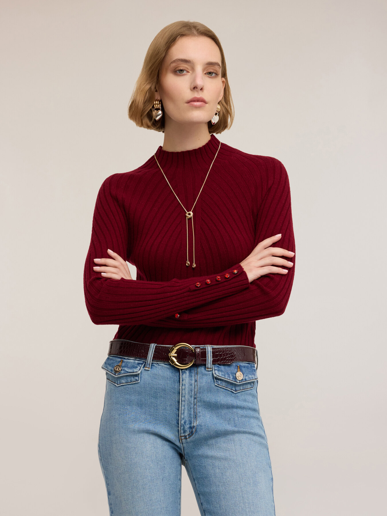 Ribbed turtleneck sweater with jewel buttons image number 0