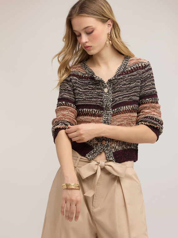Short striped openwork knit cardigan