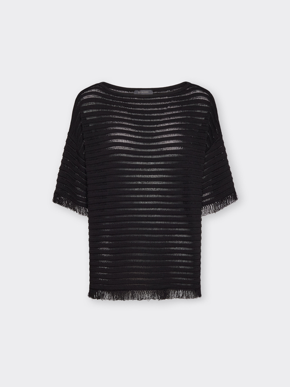 Striped perforated viscose blend top