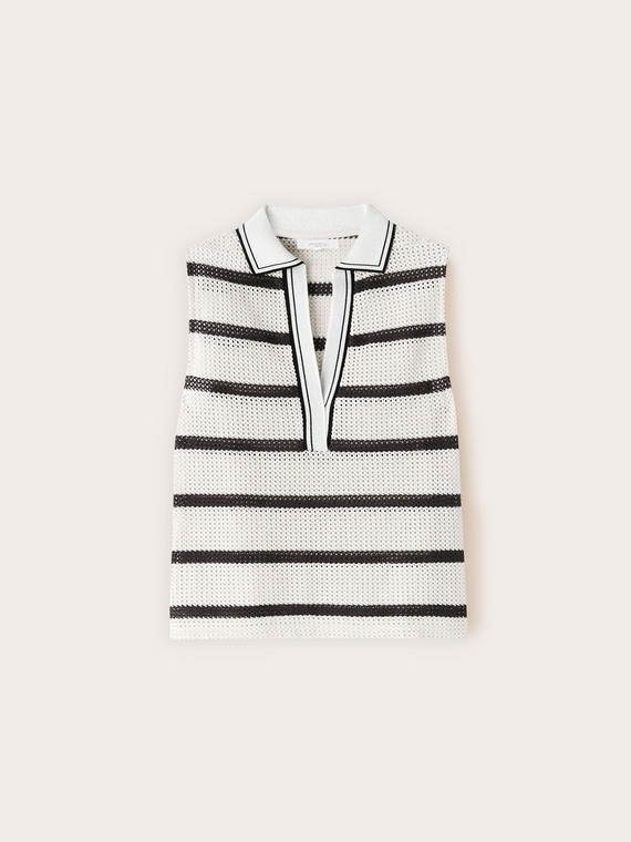 Striped ajour&eacute; knit top with polo collar