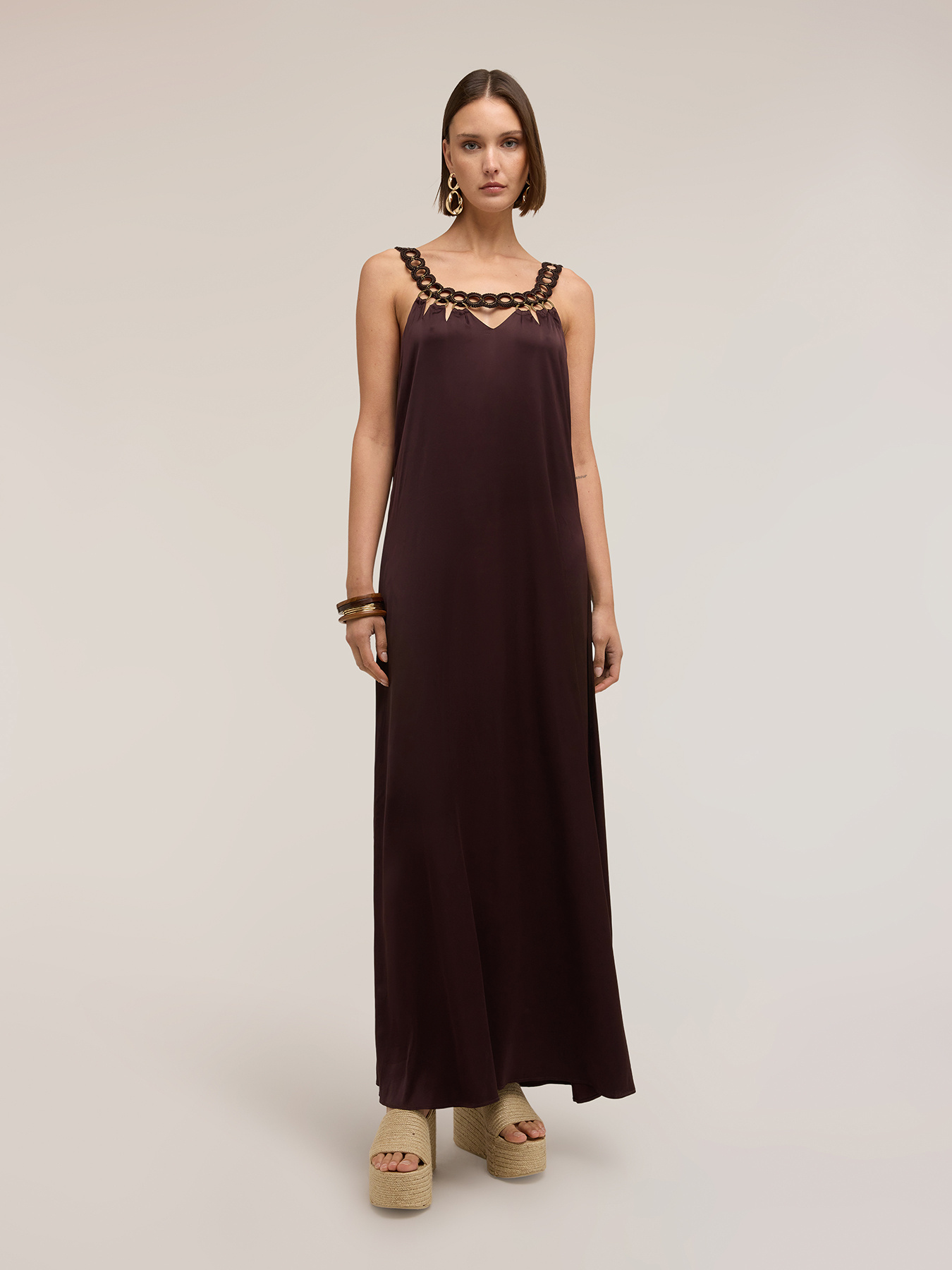 Rochie maxi din satin cu detaliu metalic image number 2