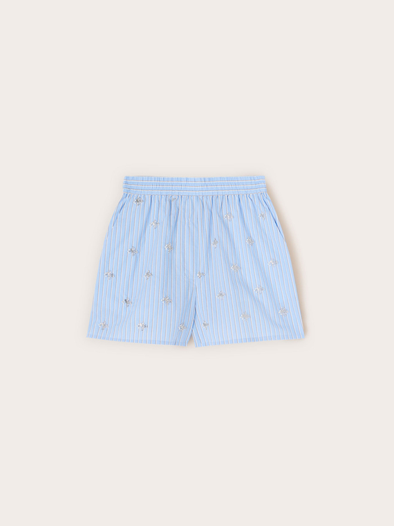 Pantaloni scurți din poplin &icirc;n dungi cu broderii cu pietre prețioase