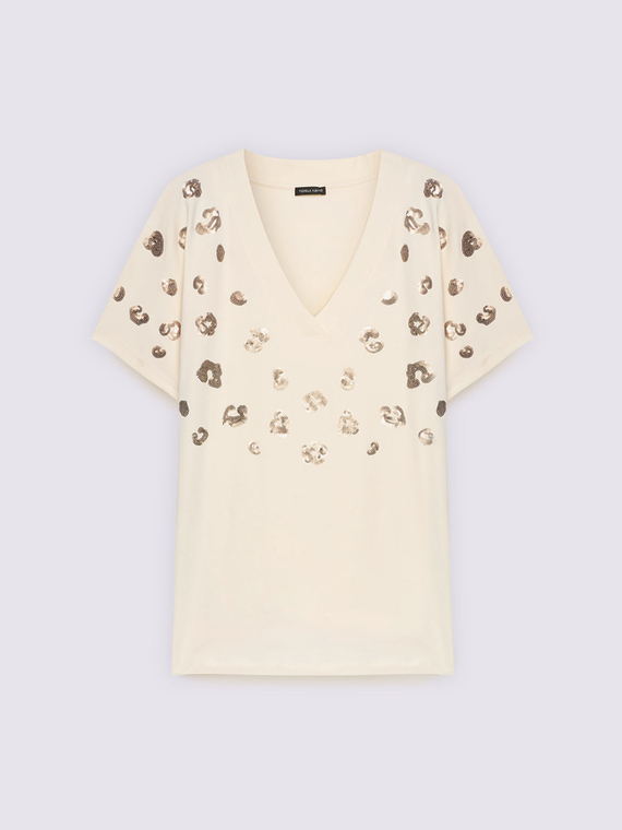 T-shirt in jersey di cotone con paillettes animalier