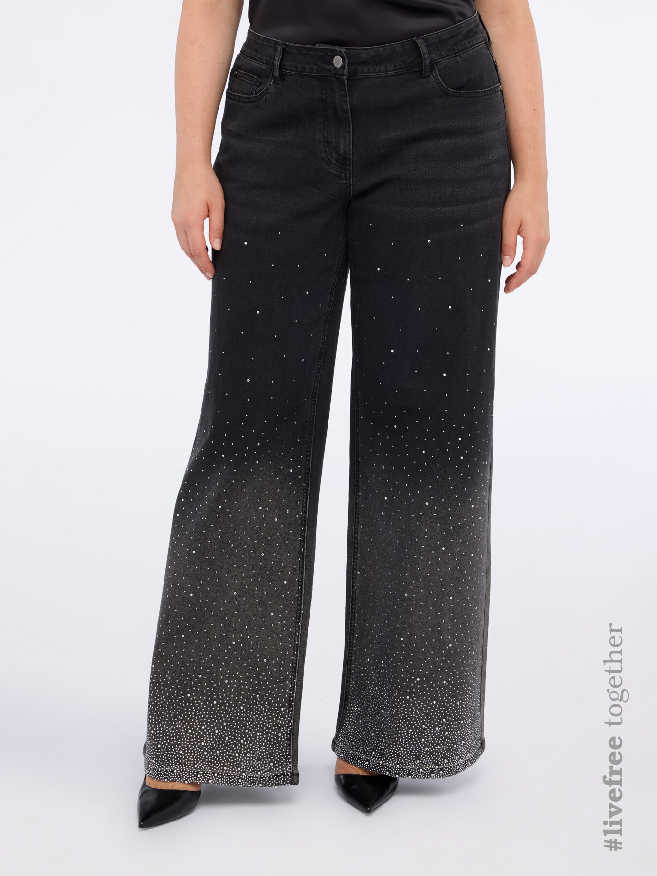 Jeans wide leg con punti luce effetto degradé image number 0