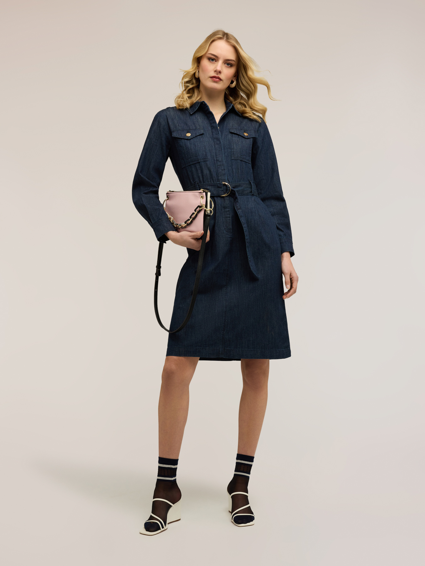 Denim shirt dress with belt image number 0