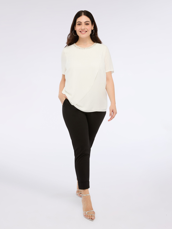 Two-material T-shirt with jewel appliqués
