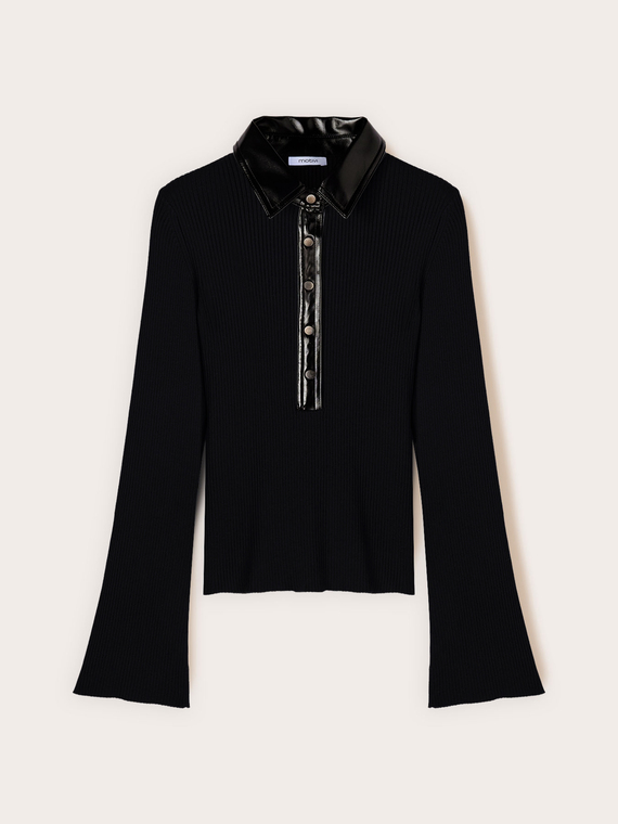 Polo shirt with patent leather collar