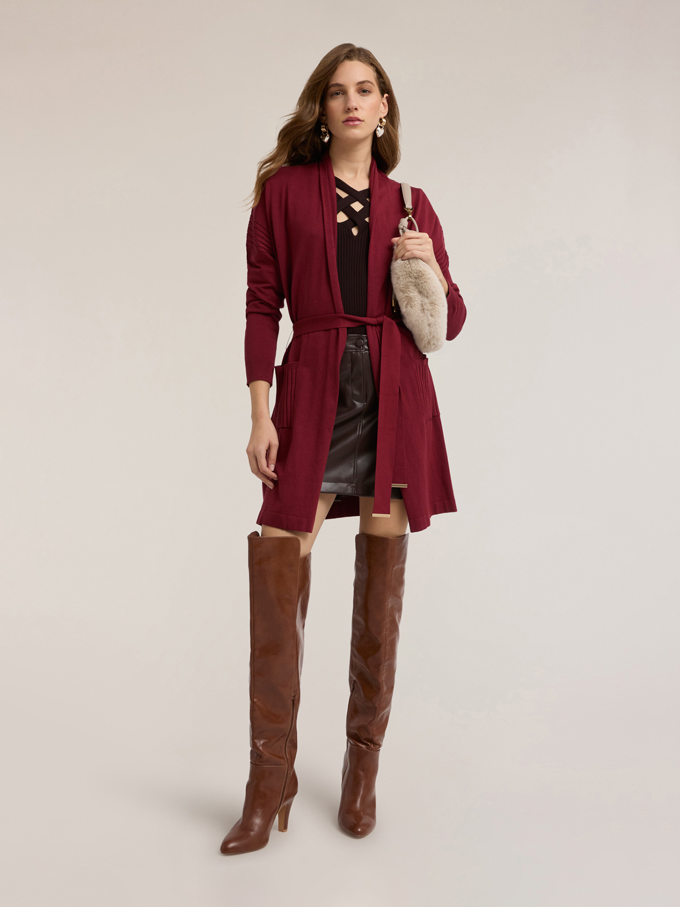 Long cardigan with belt image number 0