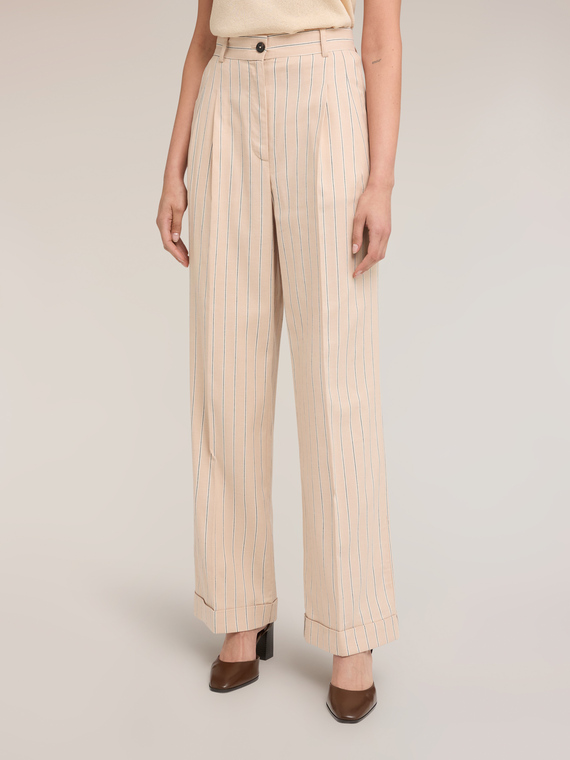 Pantaloni palazzo din amestec de in cu dungi