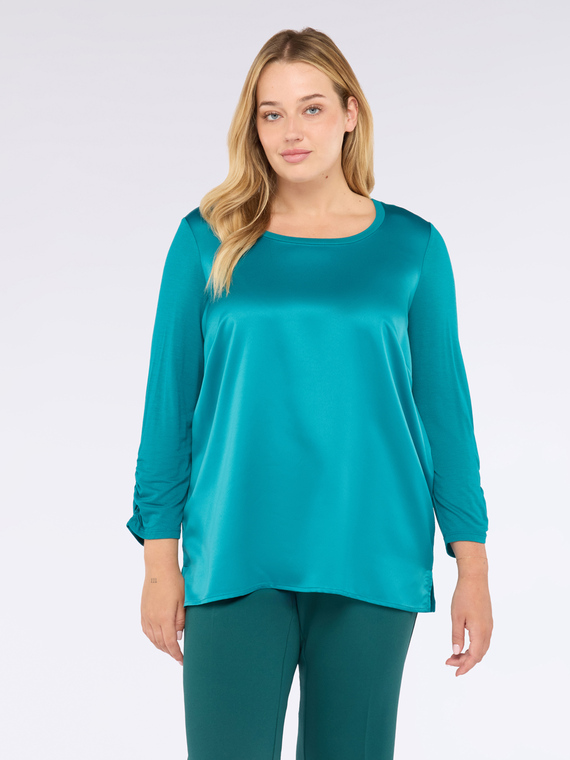 Two-material T-shirt with three-quarter sleeves in satin and jersey