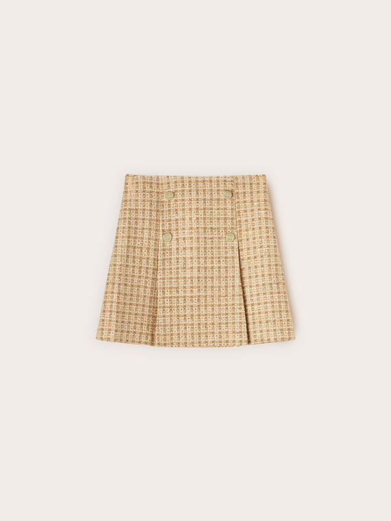 Pleated boucl&eacute; mini skirt with buttons