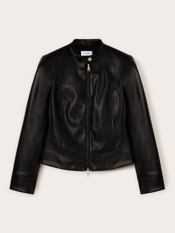 Blouson en tissu enduit avec découpes effet modelant