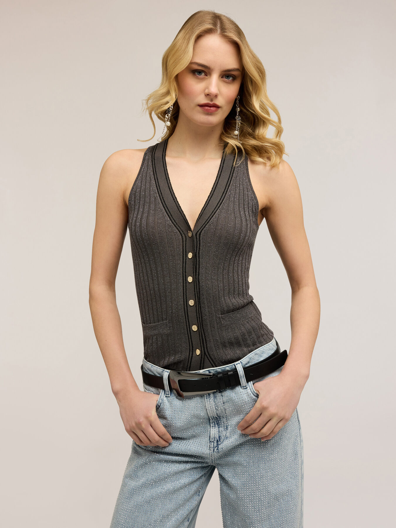 Lurex knit top with buttons image number 0