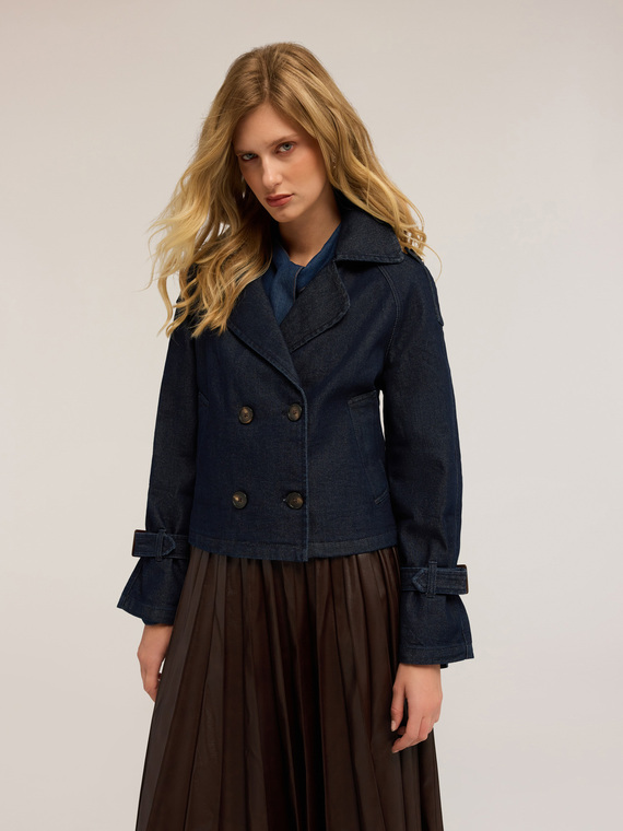 Short double-breasted denim trench coat