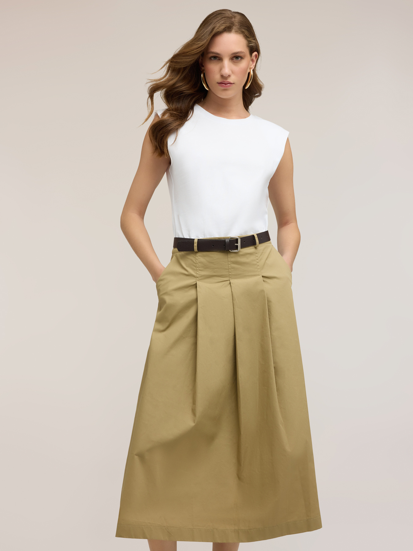 Rochie midi cu curea și fustă din poplin image number 0