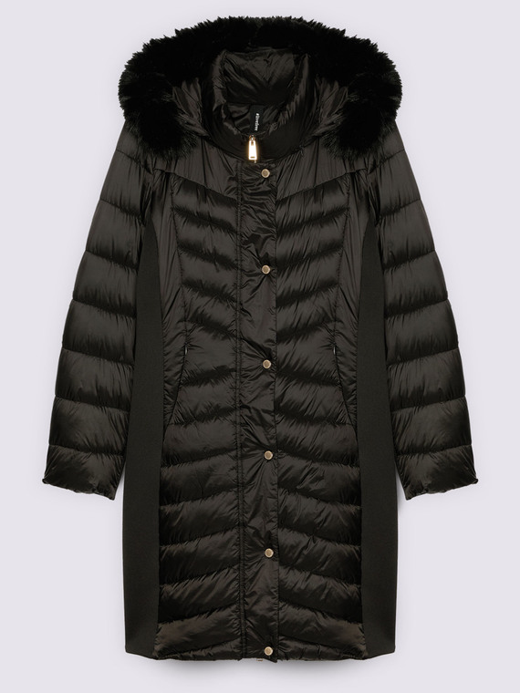 Long down jacket with hood and quilting