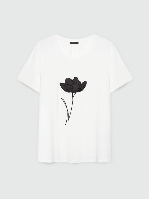 T-Shirt mit Blumendruck und Perlen
