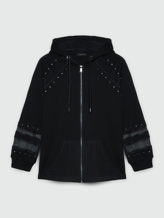 Sweatshirt mit Netzeinsätzen und Strasssteinen