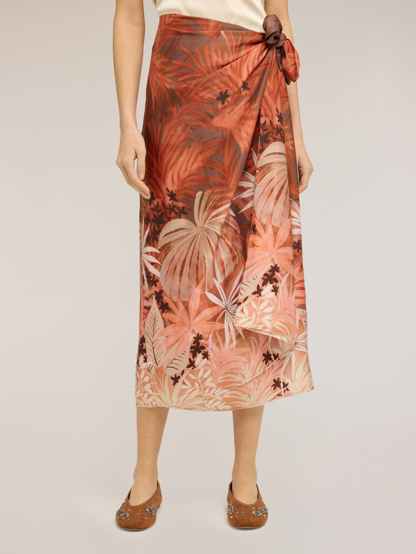 Pareo-effect satin skirt with print image number 2