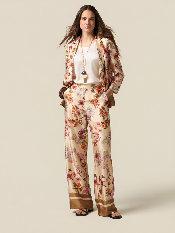 Pantaloni palazzo din satin cu model