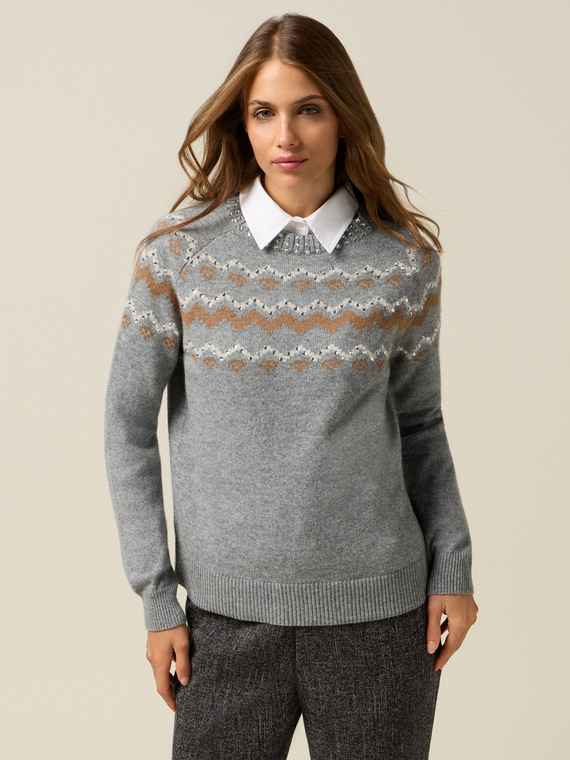 Maglia jacquard misto lana con applicazioni