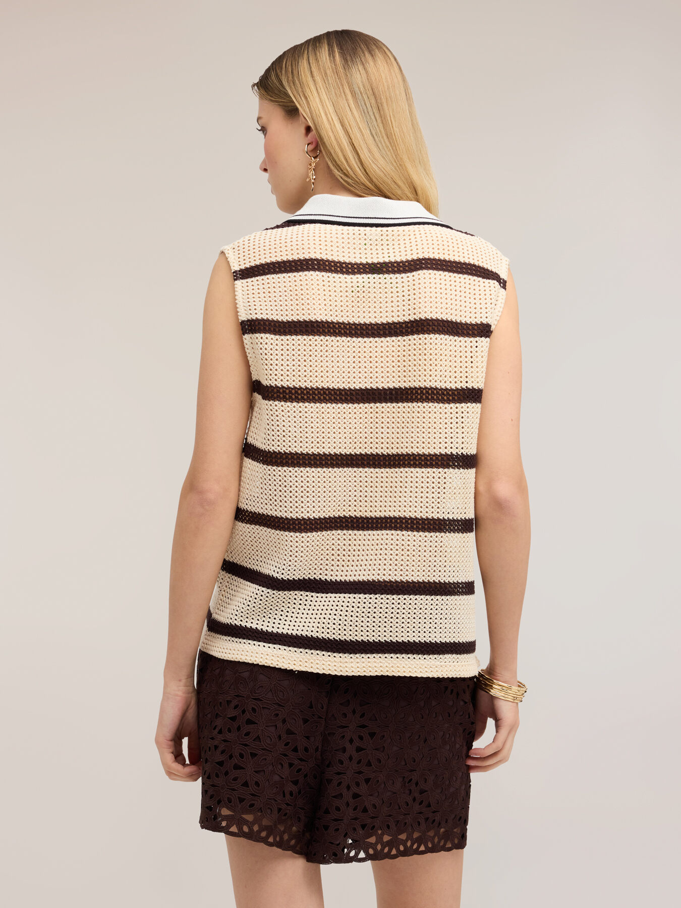 Striped ajour&eacute; knit top with polo collar image number 1
