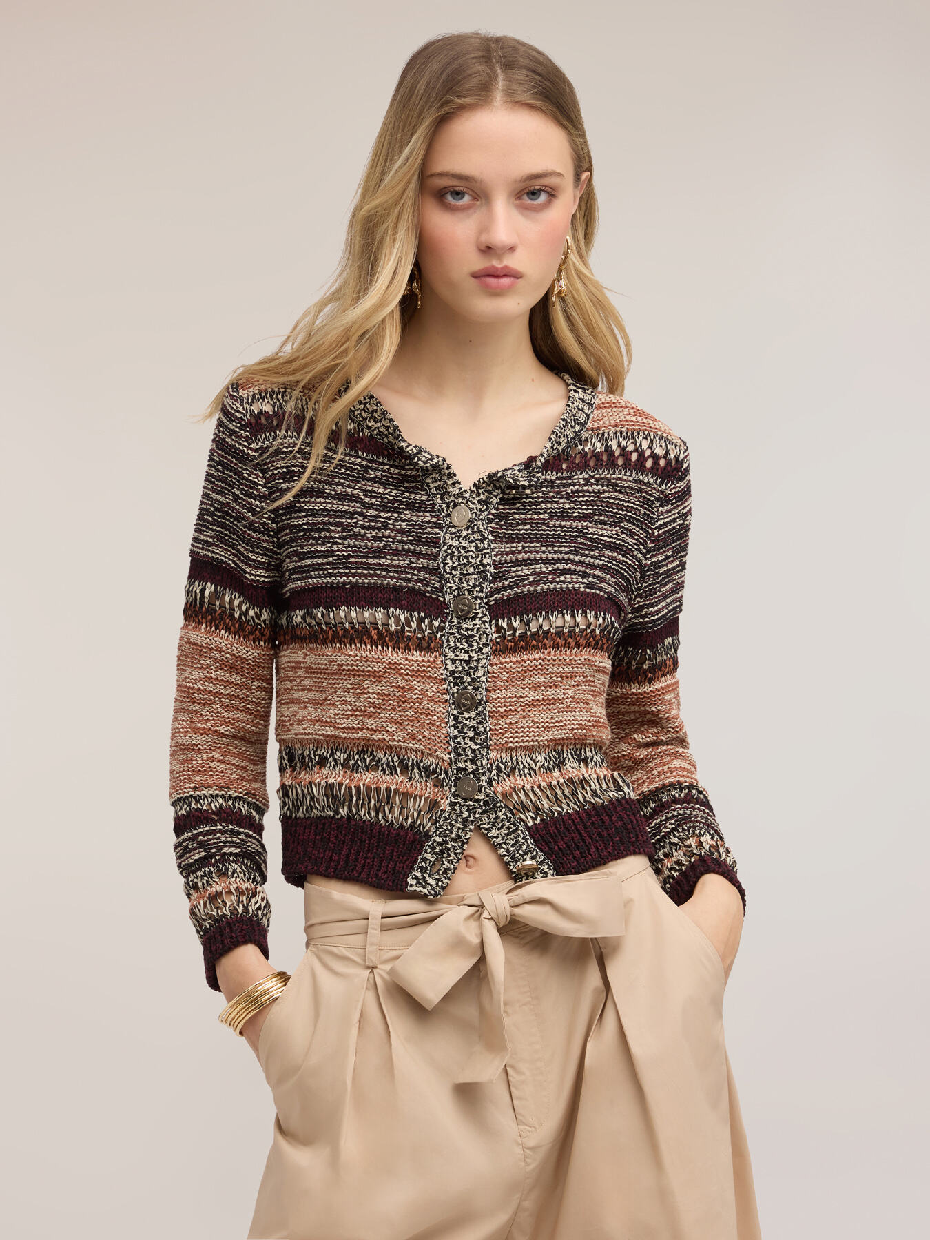 Short striped openwork knit cardigan image number 4