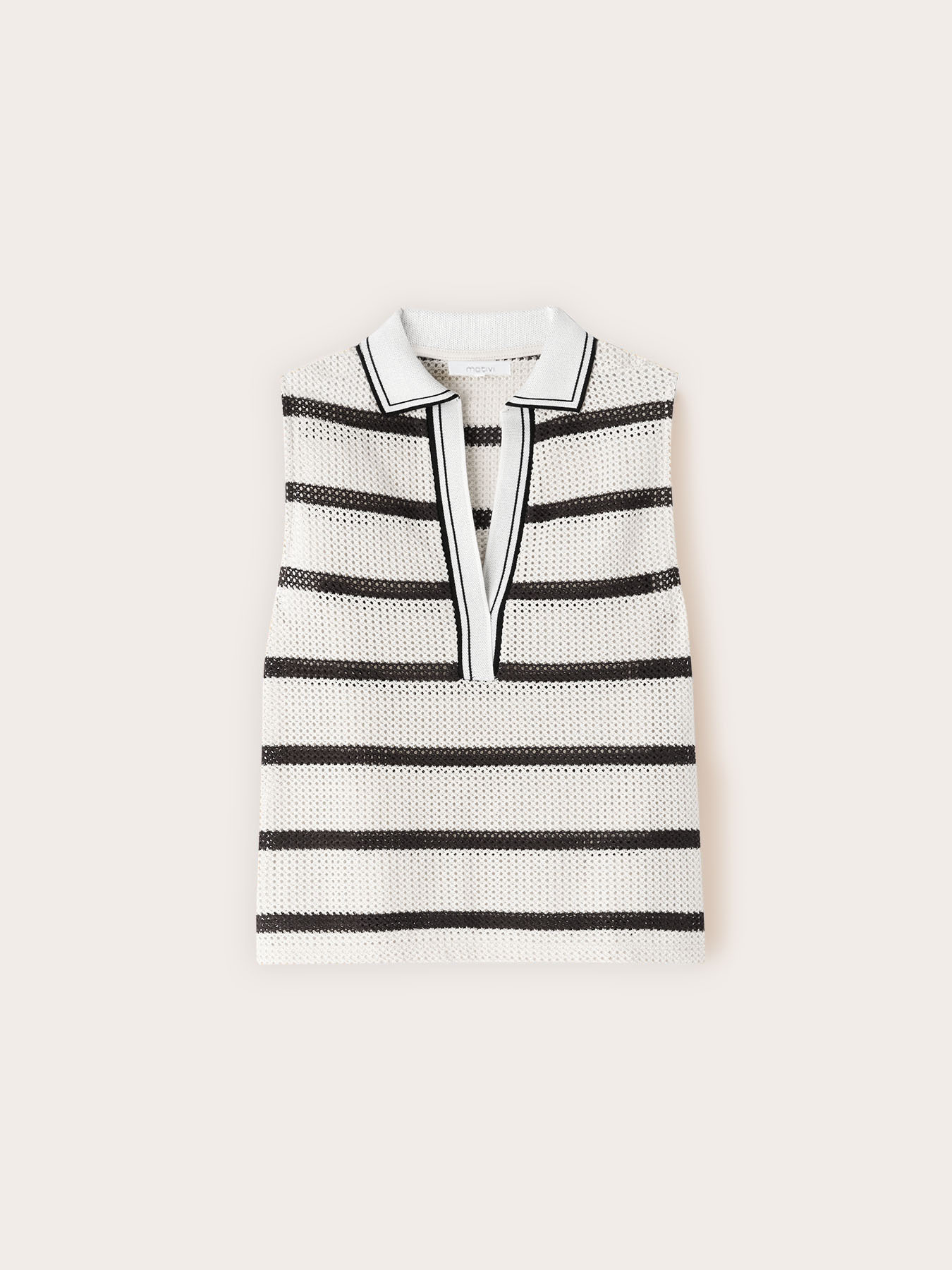 Striped ajour&eacute; knit top with polo collar image number 4