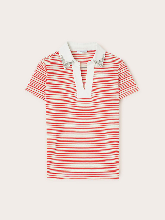 T-shirt à rayures avec col brodé de pierres