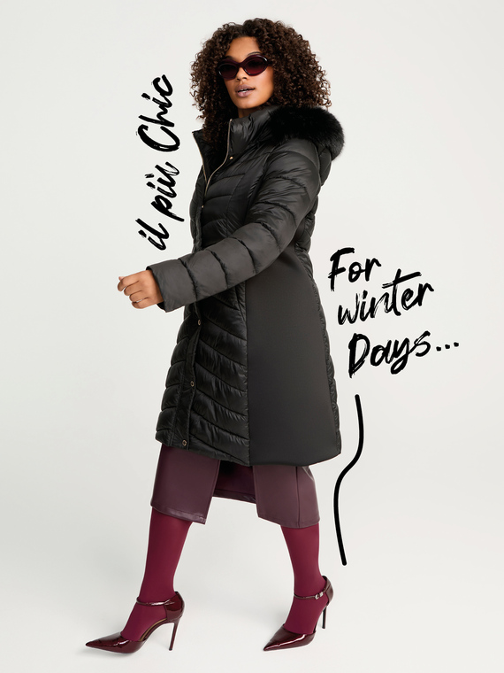 Long down jacket with hood and quilting