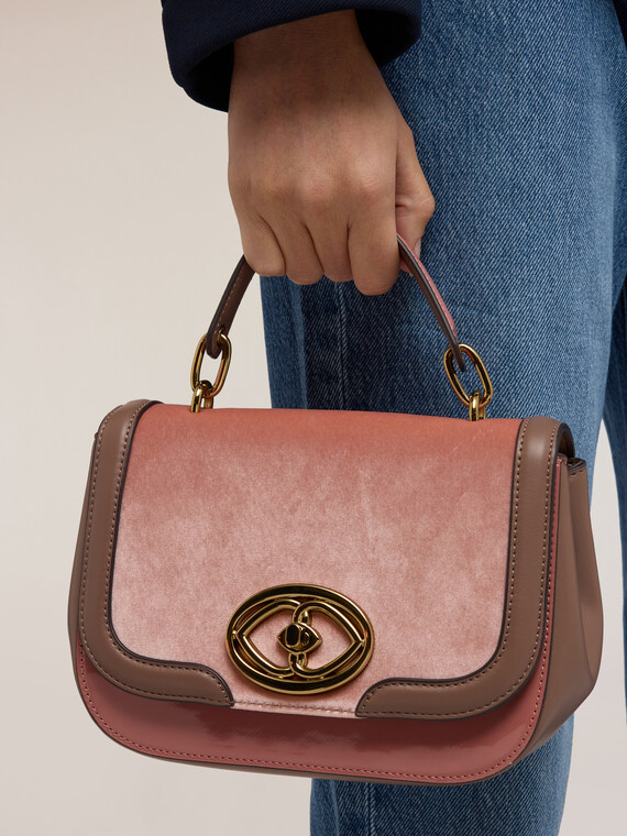 Shoulder bag in coated fabric and velvet