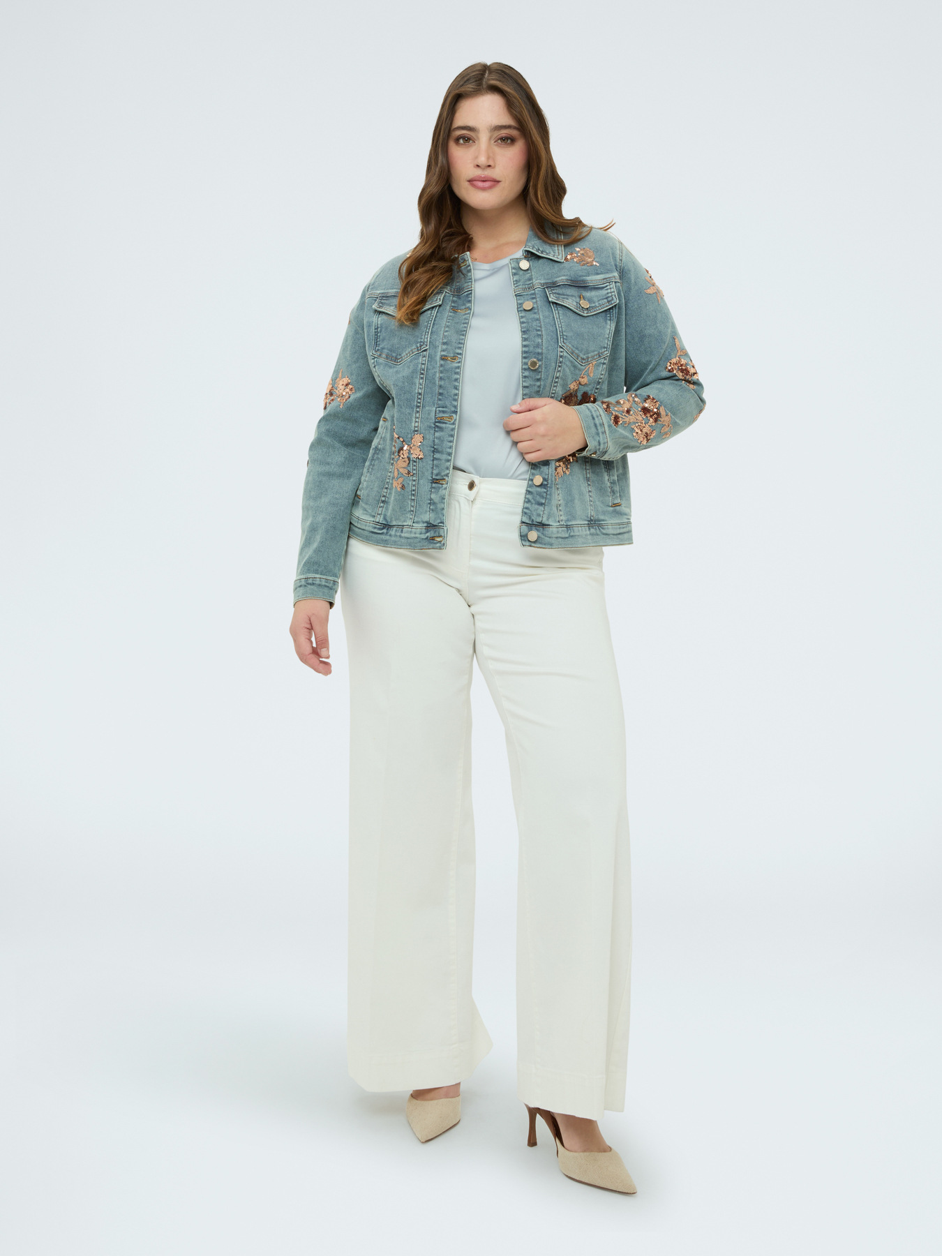 Denim jacket with floral sequin embroidery image number 2