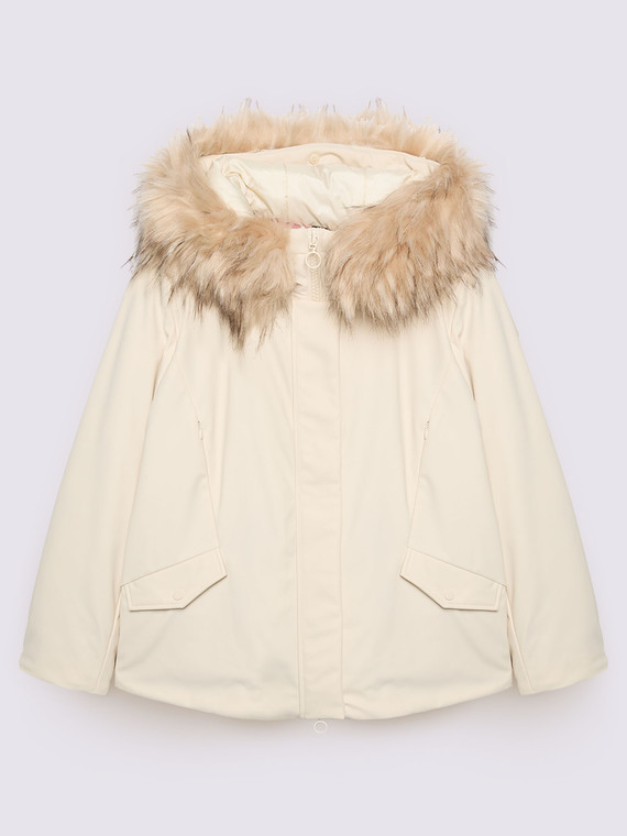 Down jacket with hood and trim