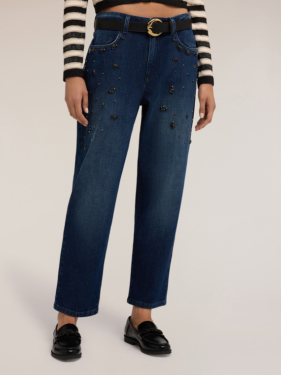 Regular jeans with jewel appliqués